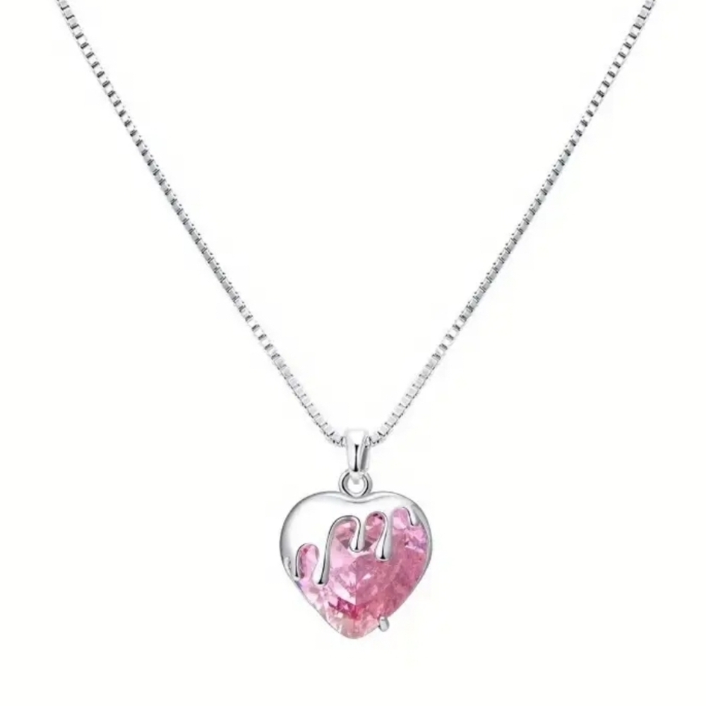 Silver Heart Necklace with Pink Gemstone